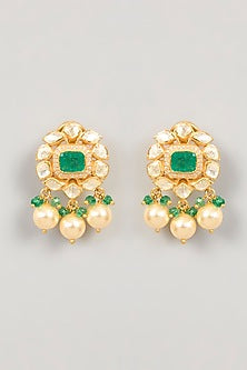 Gold Plated Green Kundan Polki & Pearl Drop Dangler Earrings In Sterling Silver