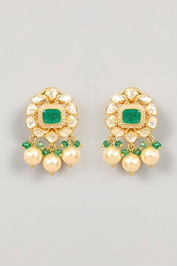 Gold Plated Green Kundan Polki & Pearl Drop Dangler Earrings In Sterling Silver