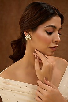 Black Rhodium Plated White Kundan Polki Stud Earrings In Sterling Silver