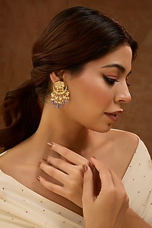 Gold Plated Kundan Polki & Blue Drop Chandbali Earrings In Sterling Silver