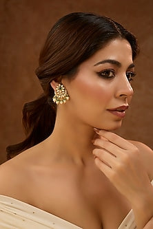 Gold Plated Green Kundan Polki & Pearl Drop Chandbali Earrings In Sterling Silver