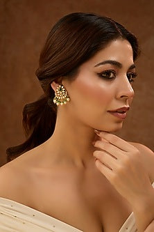 Gold Plated Green Kundan Polki & Pearl Drop Chandbali Earrings In Sterling Silver