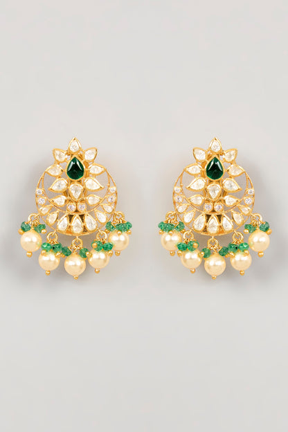 Gold Plated Green Kundan Polki & Pearl Drop Chandbali Earrings In Sterling Silver