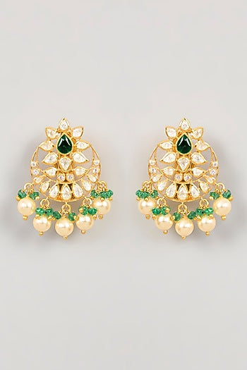 Gold Plated Green Kundan Polki & Pearl Drop Chandbali Earrings In Sterling Silver