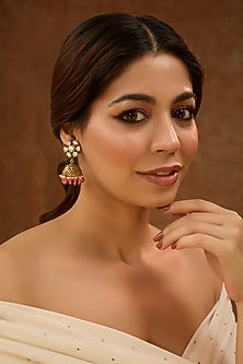 Gold Plated White Kundan Polki Jhumka Earrings In Sterling Silver