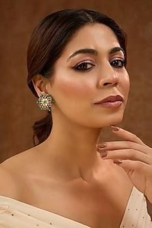 Gold Plated Green Kundan Polki Stud Earrings In Sterling Silver