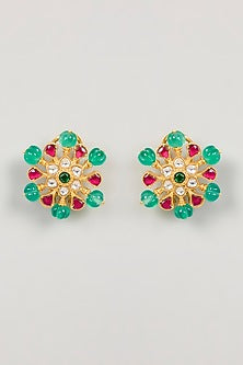 Gold Plated Green Kundan Polki Stud Earrings In Sterling Silver