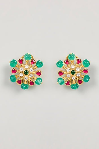 Gold Plated Green Kundan Polki Stud Earrings In Sterling Silver