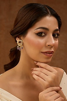 Gold Plated White Kundan Polki Drop Earrings In Sterling Silver
