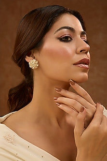 Gold Plated White Moissanite Polki & Pearl Stud Earrings In Sterling Silver