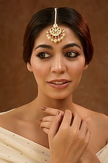 Gold Plated Orange Kundan Polki Maang Tikka In Sterling Silver