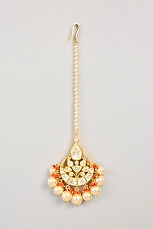 Gold Plated Orange Kundan Polki Maang Tikka In Sterling Silver
