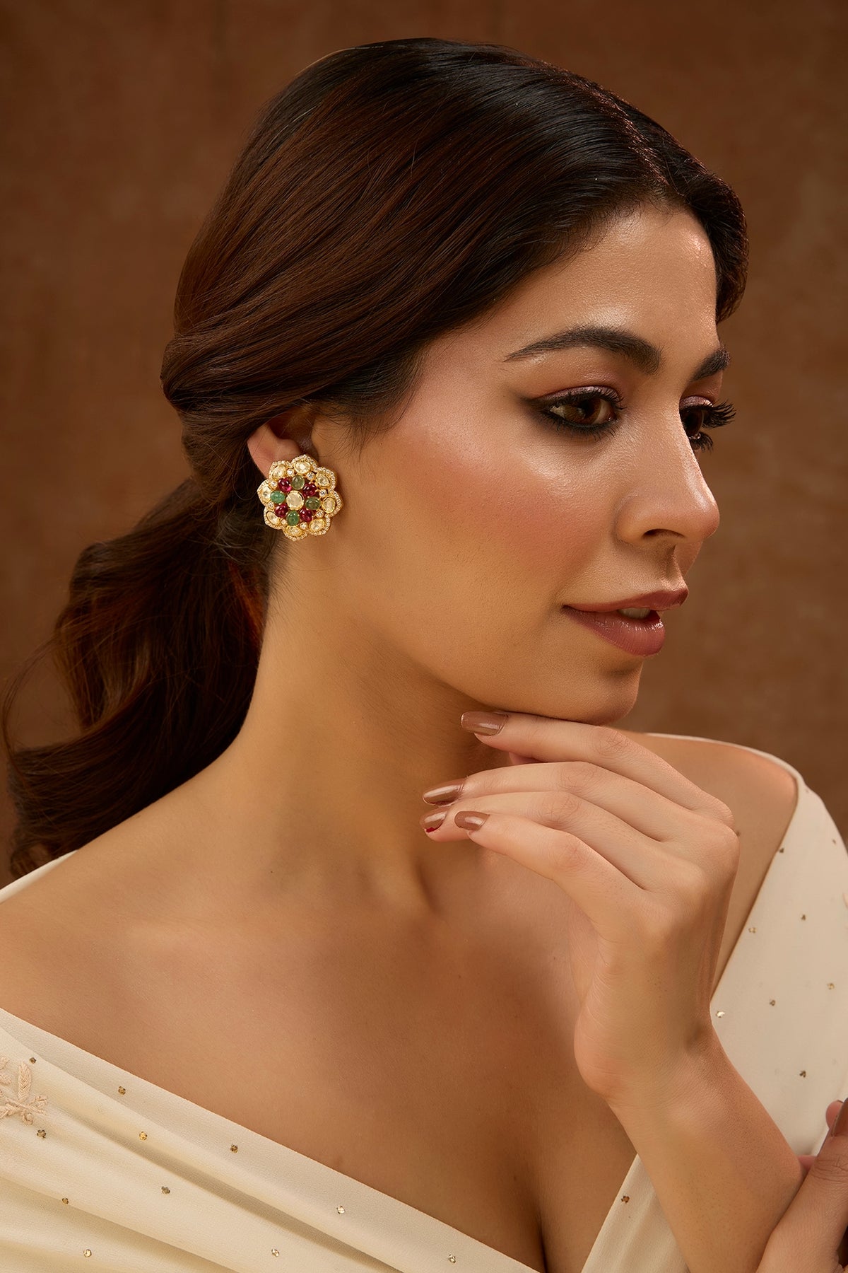 Gold Plated White Kundan Polki Stud Earrings In Sterling Silver
