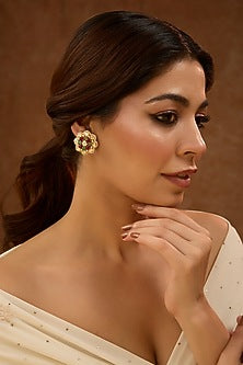 Gold Plated White Kundan Polki Stud Earrings In Sterling Silver