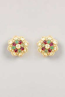Gold Plated White Kundan Polki Stud Earrings In Sterling Silver