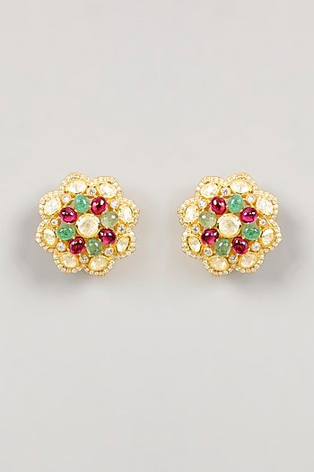 Gold Plated White Kundan Polki Stud Earrings In Sterling Silver