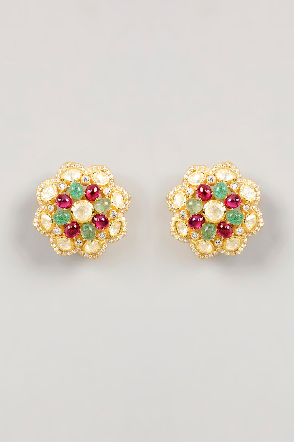 Gold Plated White Kundan Polki Stud Earrings In Sterling Silver