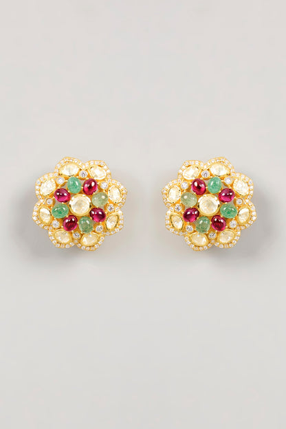 Gold Plated White Kundan Polki Stud Earrings In Sterling Silver