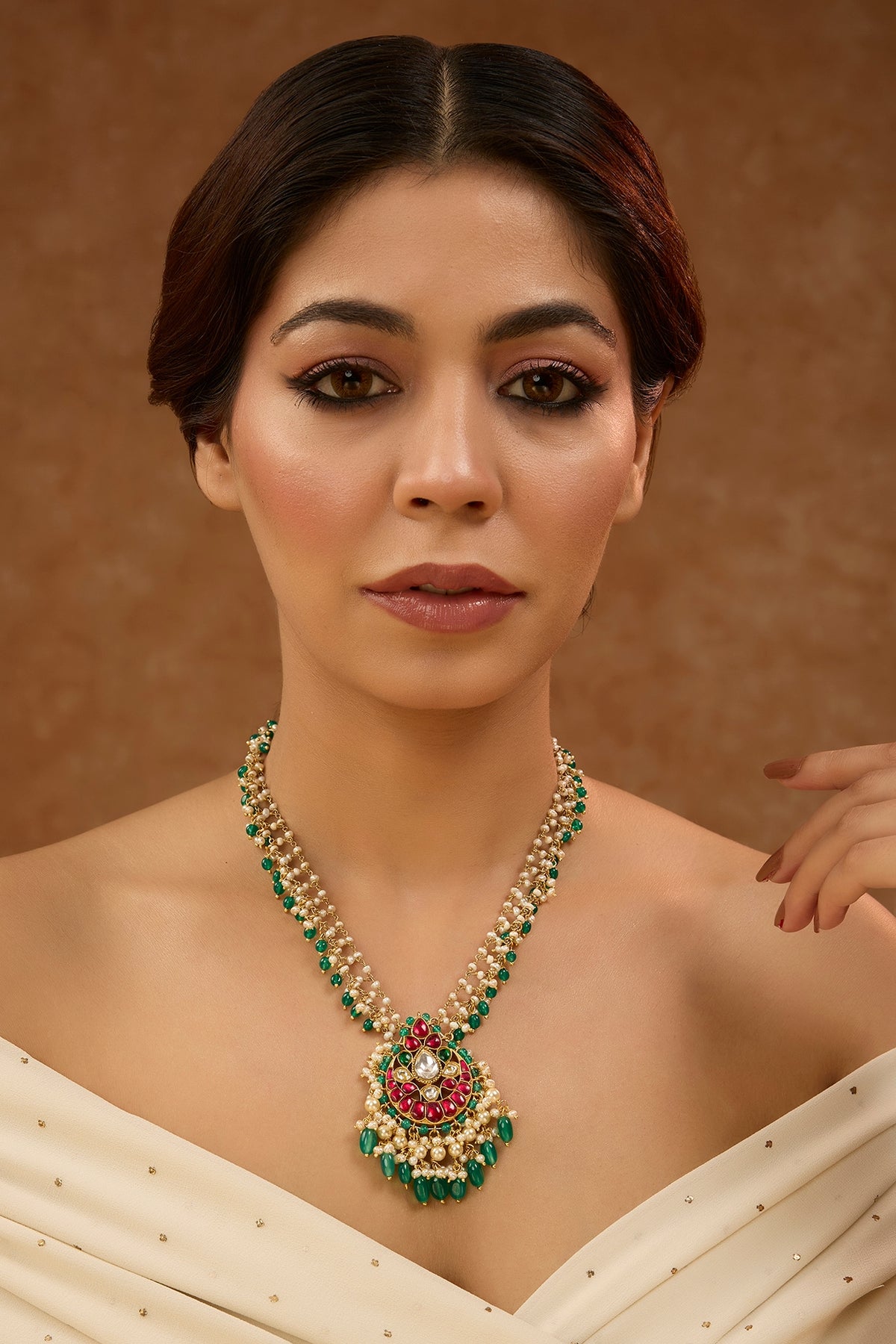 Gold Plated Green Kundan Polki & Beaded Necklace In Sterling Silver