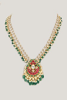 Gold Plated Green Kundan Polki & Beaded Necklace In Sterling Silver