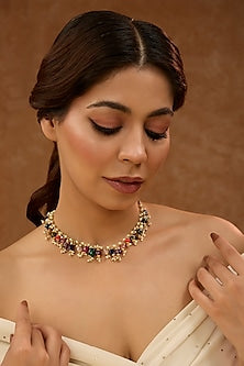 Gold Plated Navratna Stone Necklace In Sterling Silver