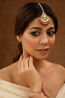 Gold Plated Red Kundan Polki Maang Tikka In Sterling Silver
