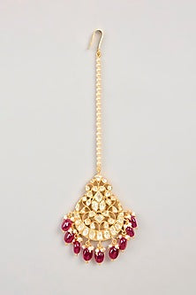 Gold Plated Red Kundan Polki Maang Tikka In Sterling Silver