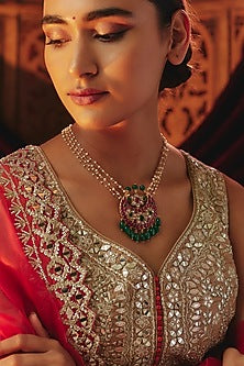 Gold Plated Red Kundan Polki Long Pendant Necklace In Sterling Silver