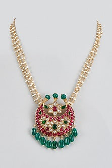 Gold Plated Red Kundan Polki Long Pendant Necklace In Sterling Silver