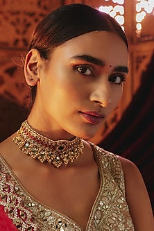 Gold Plated White Kundan Polki Choker Necklace In Sterling Silver