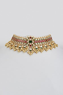 Gold Plated White Kundan Polki Choker Necklace In Sterling Silver