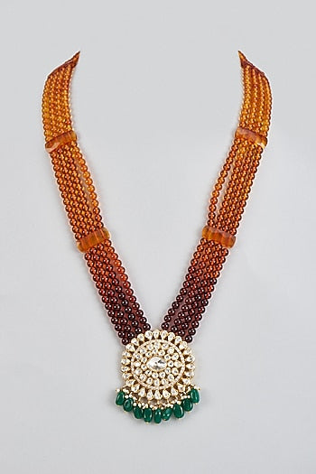 Gold Plated White Kundan Polki & Bead String Long Pendant Necklace In Sterling Silver