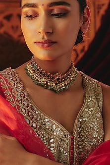 Gold Plated Green Kundan Polki & Pearl Choker Necklace In Sterling Silver