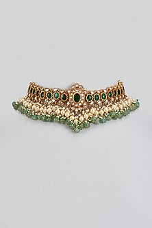 Gold Plated Green Kundan Polki & Pearl Choker Necklace In Sterling Silver