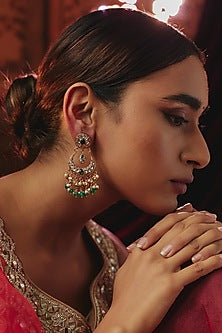 Gold Plated Green Kundan Polki Chandbali Earrings In Sterling Silver