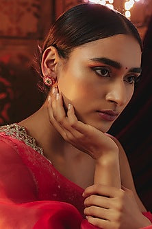 Gold Plated Red Kundan Polki Stud Earrings In Sterling Silver