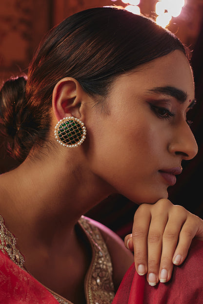 Gold Plated Green Kundan Polki Stud Earrings In Sterling Silver
