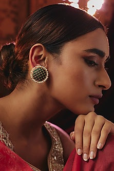 Gold Plated Green Kundan Polki Stud Earrings In Sterling Silver