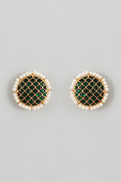 Gold Plated Green Kundan Polki Stud Earrings In Sterling Silver
