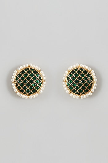 Gold Plated Green Kundan Polki Stud Earrings In Sterling Silver