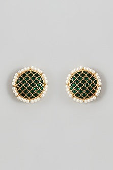 Gold Plated Green Kundan Polki Stud Earrings In Sterling Silver