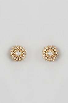 Gold Plated White Kundan Polki Stud Earrings In Sterling Silver