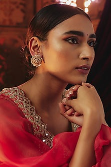 Gold Plated White Kundan Polki & Pearl Floral Stud Earrings In Sterling Silver