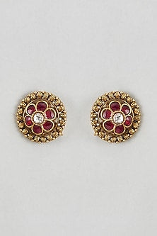 Gold Plated Red Kundan Polki Stud Earrings In Sterling Silver