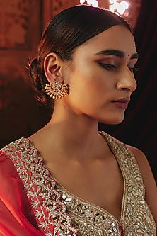 Gold Plated White Kundan Polki Chand Stud Earrings In Sterling Silver