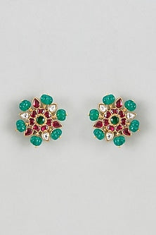 Gold Plated Green Kundan Polki & Beaded Stud Earrings In Sterling Silver