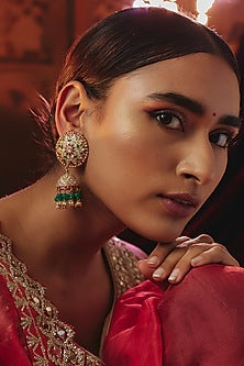 Gold Plated White Kundan Polki & Pearl Jhumka Earrings In Sterling Silver