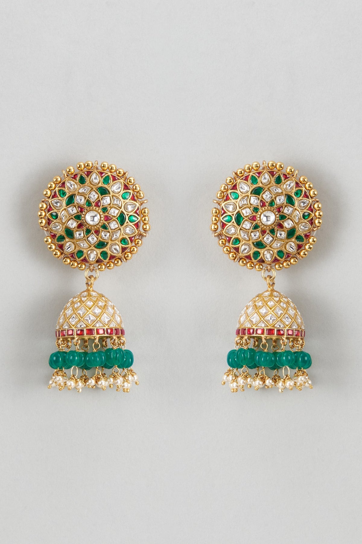 Gold Plated White Kundan Polki & Pearl Jhumka Earrings In Sterling Silver