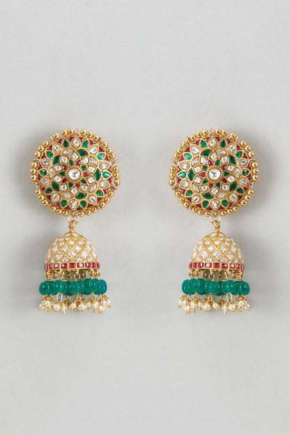 Gold Plated White Kundan Polki & Pearl Jhumka Earrings In Sterling Silver