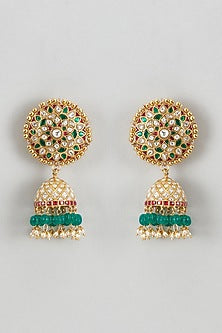 Gold Plated White Kundan Polki & Pearl Jhumka Earrings In Sterling Silver